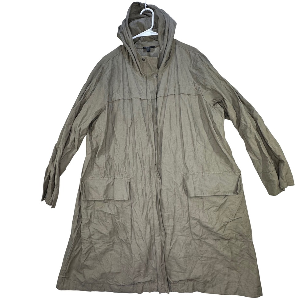 Eileen Fisher Hooded Parka Jacket Womens 1X Khaki Organic Cotton Utility **FLAW